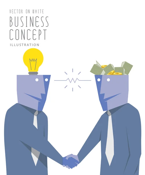 Two businessmen exchange money with idea  and handshake. Agreeme — Stock Vector