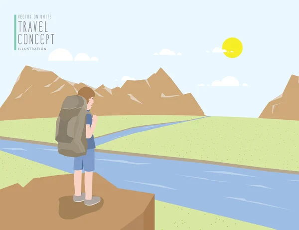 Backpacker debout sur une falaise donnant sur la moun paysage — Image vectorielle