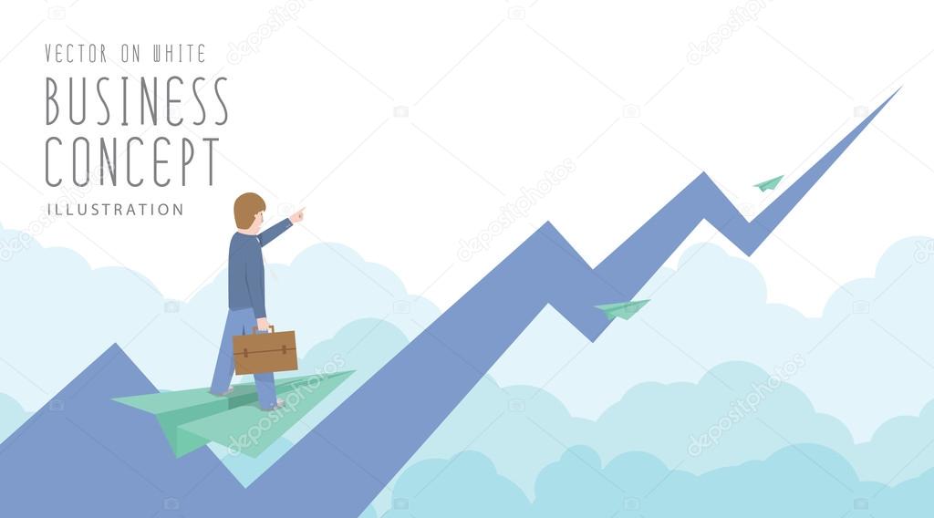 Businessman ride on paper plane to the top of the stock market f