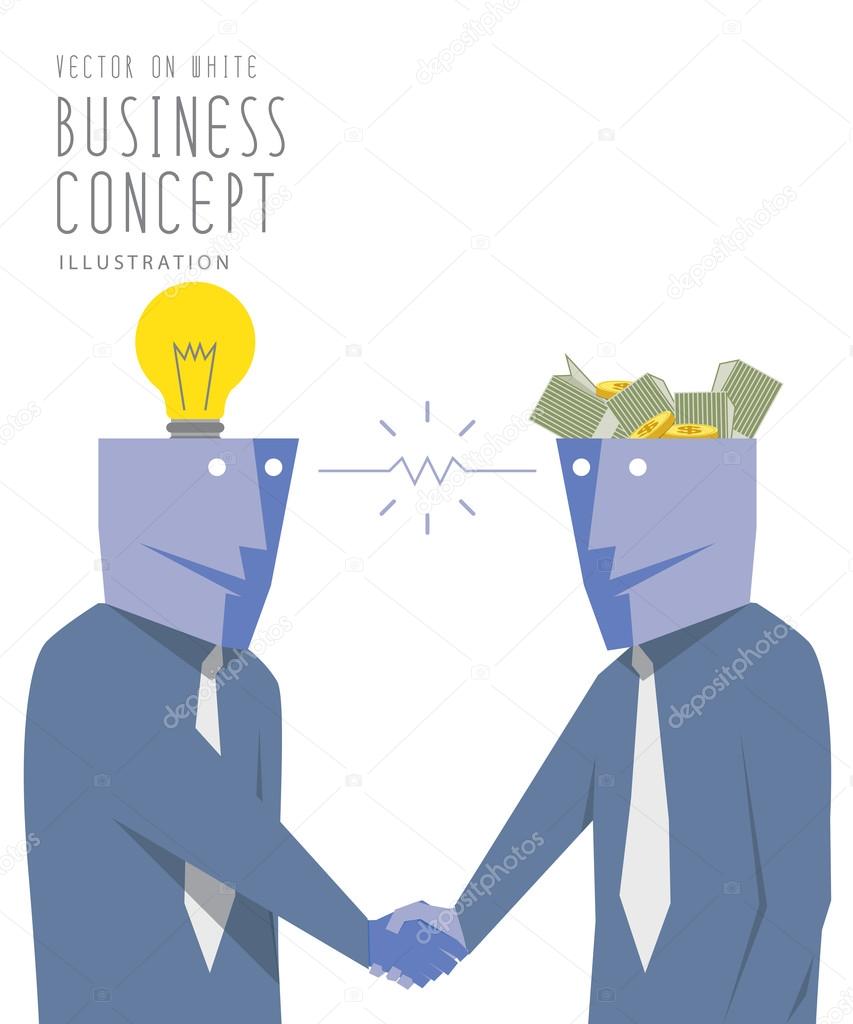 Two businessmen exchange money with idea  and handshake. Agreeme