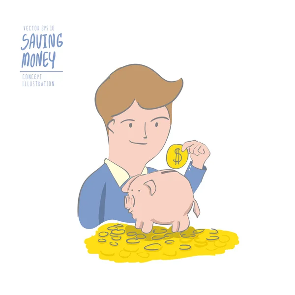 A man with a coin into a piggy bank for the future of his own. D — Stock Vector