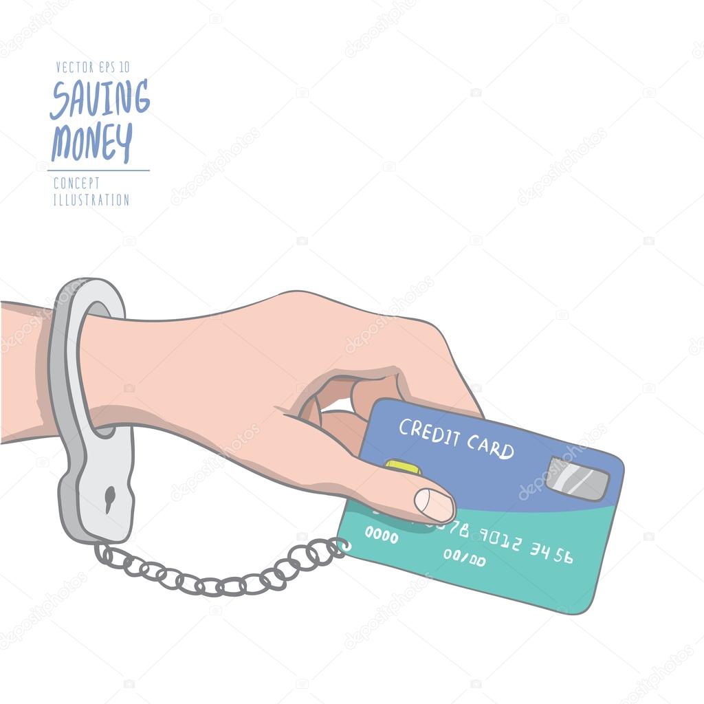 A hand handcuffed tethered to a credit card. Drawing paint flat 