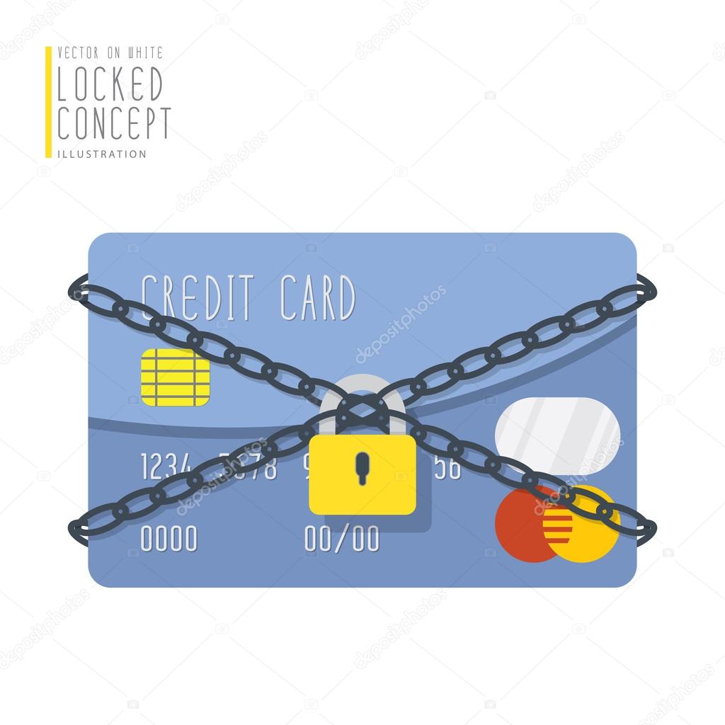 Credit card are bound with chains and locked with a padlock flat