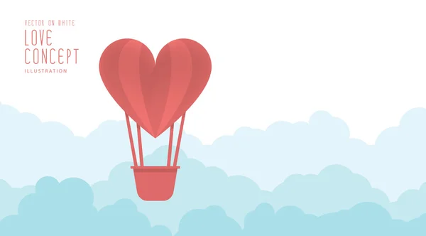 Globo del corazón flotando en el cielo libremente y nubes vector plano . — Vector de stock