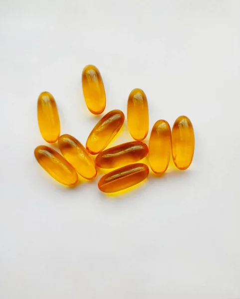 Vitamin Omega Dha Kapslar Vit Bakgrund Makro Syn Selektivt Fokus — Stockfoto