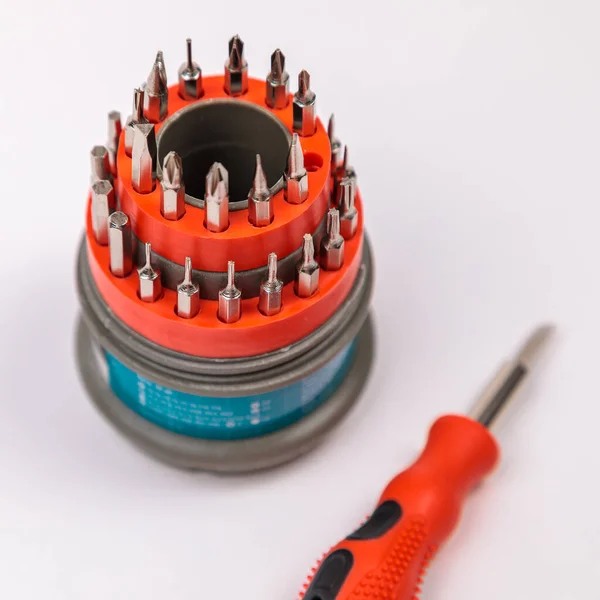 Set Working Tools Screwdriver Bits Repair Open Plastic Box Iron — Stock Photo, Image