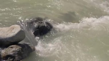 Fırtınalı bir nehir büyük taşları yıkıyor, sprey ve köpük uçuyor. Yakın plan. Yavaş çekim videosu. Yüksek kaliteli FullHD görüntüler