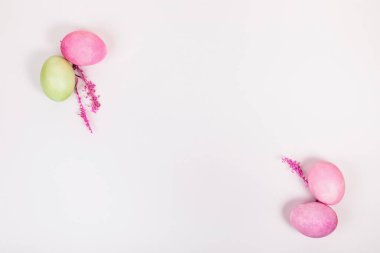 Paskalya. Dal dallı çok renkli yumurtalar, beyaz bir arka planda ve yazı için bir yer. Yukarıdan görüntüle