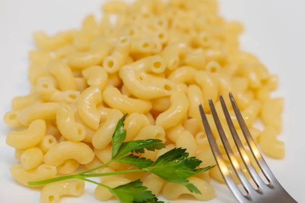 Boiled Yellow Pasta White Plate Fork Close — Stock Photo, Image