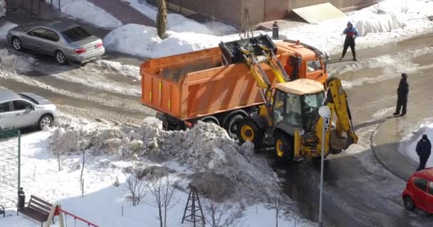 ミニトラクターは雪をシャベルし、トラックの後ろにそれをロードします. — ストック動画