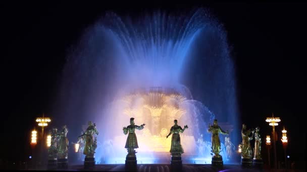Flerfargede Folkevennskapskilder Vdnkh Med Statuer Kvinner Natten Moskva Russland – stockvideo