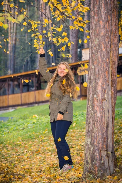 Ein Junges Mädchen Spaziert Durch Den Herbstpark Steht Hinter Einem — Stockfoto