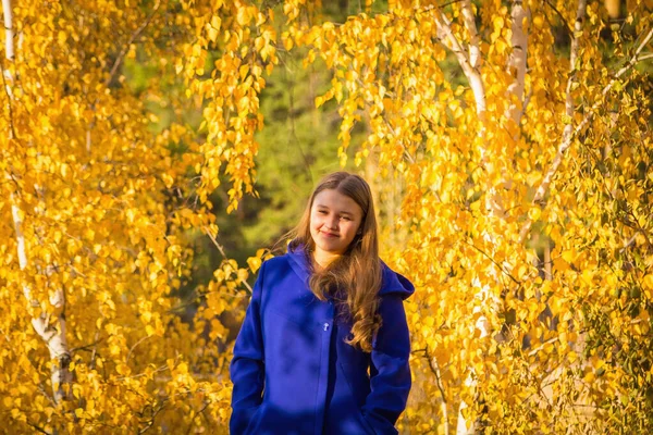 Młoda Dziewczyna Spaceruje Jesiennym Parku Stoi Drzewem Drzewa Mają Żółte — Zdjęcie stockowe