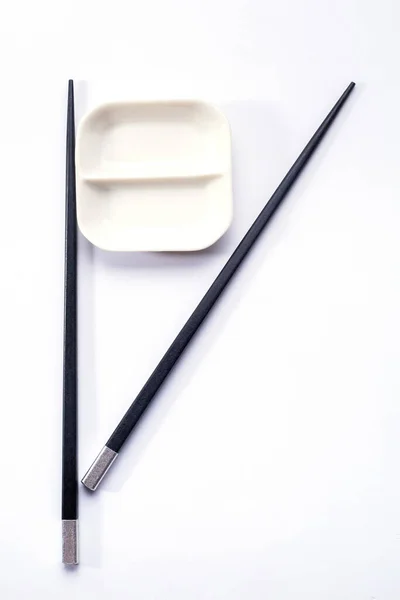 Black Wooden Sushi Sticks Sauce Saucer View — Stock Photo, Image