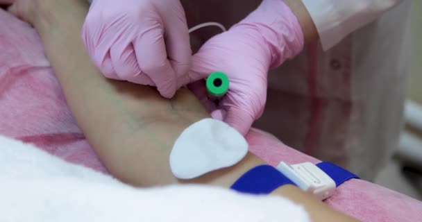 Een spa-specialist neemt bloed uit een ader voor plasma-lifting. — Stockvideo