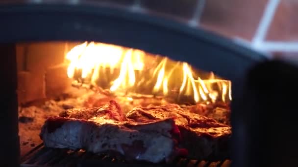 Um forno tradicional com uma fogueira no interior para cozinhar. No interior, a carne crua é cozida no rack de arame. — Vídeo de Stock