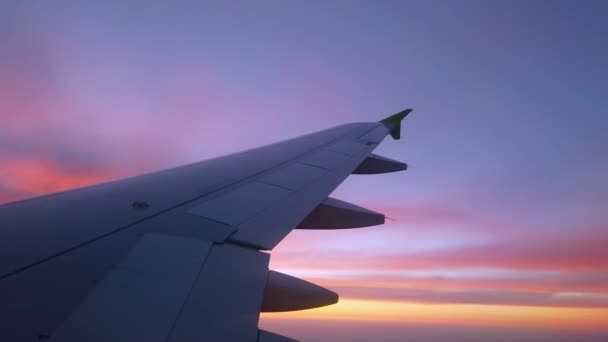 从飞机的窗户望去 可以看到机翼的轮廓和落日 勃艮第云在阳光下 — 图库视频影像
