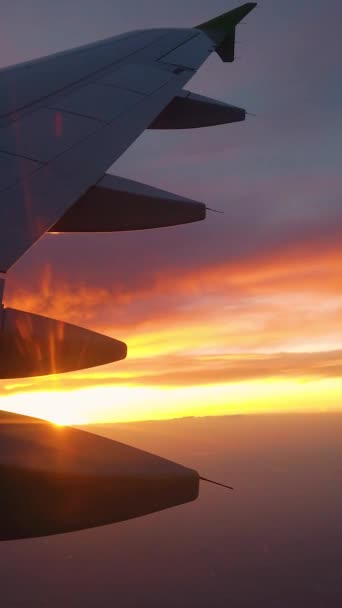 Vista Janela Avião Sobre Silhueta Asa Pôr Sol Nuvens Azuis — Vídeo de Stock