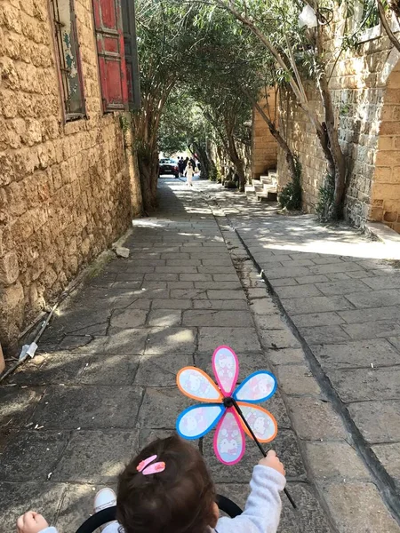 Bebek arabasında fırıldak vardı. İleride ağaçlar var.