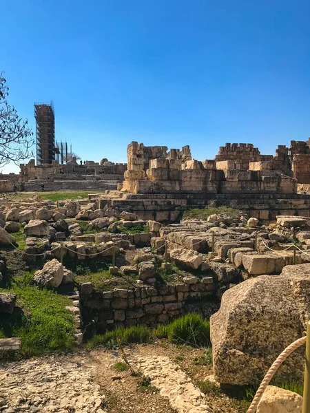 Baalbek 'teki antik Heliopolis kalıntıları. Mavi gökyüzü. Boşluğu kopyala