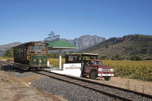 Trenul turistic care trece prin podgoria din Franschhoek Africa de Sud — Fotografie, imagine de stoc