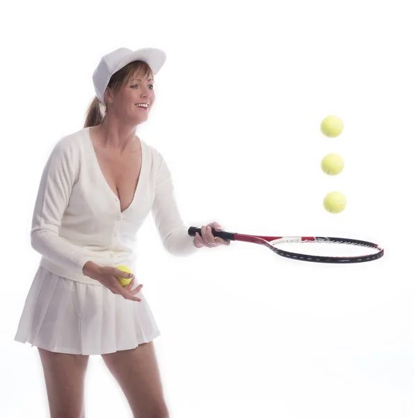 Jugadora de tenis con raqueta y pelotas — Foto de Stock