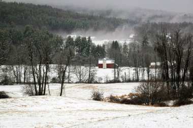 Walpole, New Hampshire, ABD. 2021 yılı. New Hampshire, ABD 'de kasvetli bir kış gününde, bir vadideki ambar ve ambar karla kaplıydı..