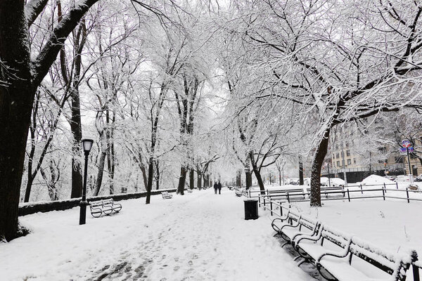 Manhattan, New York, USA. February 2021. Snow scene in Riverside Park in the Morningside Heights area of Manhattan, NYC