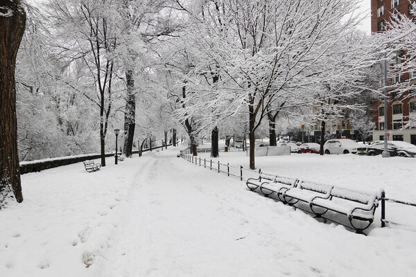 Manhattan, New York, USA. February 2021. Snow scene in Riverside Park in the Morningside Heights area of Manhattan, NYC