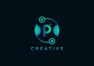 İlk Harf P Teknoloji Logosu, Gradyan renk ile Benzersiz.