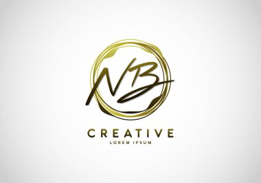 Baş NB El Yazısı Biçimli İmza, Çember Soyut Altın, Şablon Logo Vektörü.