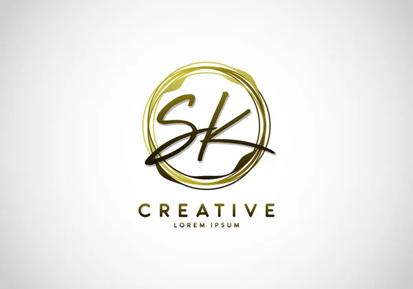 İlk SK El Yazısı Biçimi İmza, Çember Soyut Altın, Şablon Logo Vektörü.
