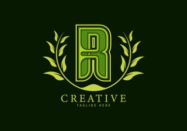 Çerçeve olarak yaprak süslemeli R Harfi Eşsiz Logo daha doğal, modern tasarım, şablon veya markalar için uygun görünüyor.