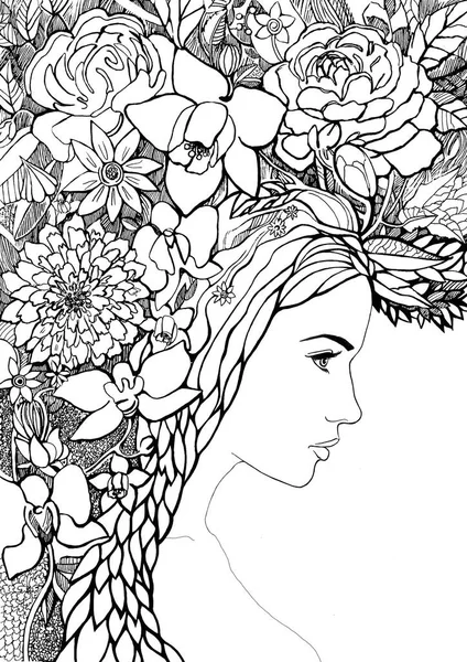 young girl with hair of flowers and leaves. graphic black and white drawing. spring  illustration for catalog, magazine cover, booklet, postcard by March 8