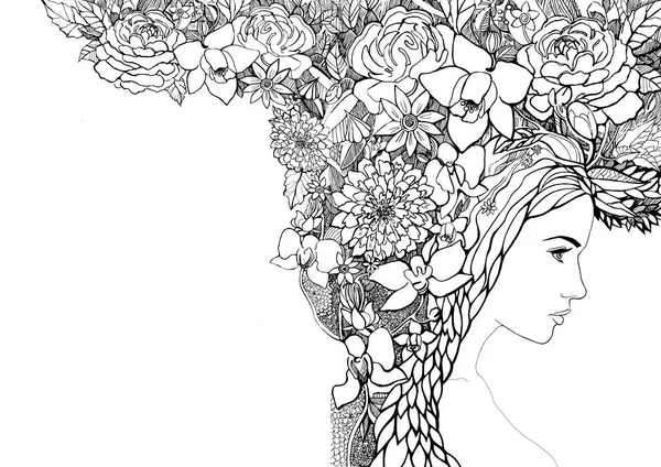 Młoda Dziewczyna Włosami Kwiatów Liści Graficzny Czarno Biały Rysunek Wiosenna — Zdjęcie stockowe
