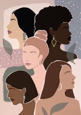 womens different faces of different ethnic groups. movement to empower women. International Women's Day.   flat illustration