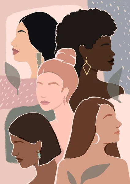 妇女具有不同族裔群体的不同面貌 赋予妇女权力的运动 国际妇女节 矢量平面插图 — 图库矢量图片