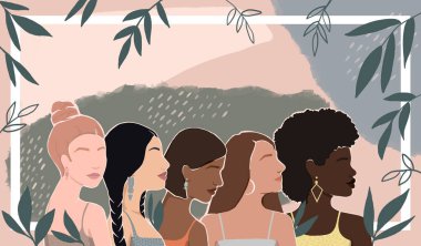 Farklı etnik gruplardan kadınlar birlikte. Çerçeveli ve yapraklı bir yazı için modern arkaplan. modern düz resimleme