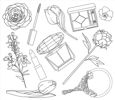 Resimlerin vektör çizimleri - parfüm, göz farı, rimel, ruj, kozmetik, ayna, lale, şakayık, çiçek. kartlar, arkaplanlar, kitapçıklar, herhangi bir tasarım için