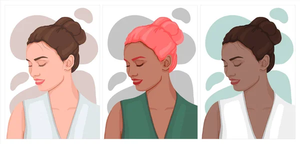 Chica Con Diferente Piel Color Pelo Conjunto Ilustraciones Planas Vectoriales — Archivo Imágenes Vectoriales