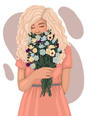 Bir buket çiçekli sarışın kadın. Bahar fantezisi düz elle çizilmiş vektör çizimi. Kartpostallar, posterler, dergi kapakları, kitapçıklar için.
