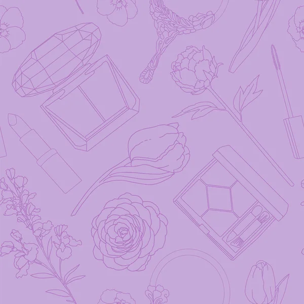 seamless graphic purple pattern from cosmetics and flowers. hand drawing. for postcards, background, design, fabric, wrapping paper, wallpaper