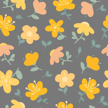  Sevimli sarı çiçeklerin kusursuz arkaplanı. İllüstrasyon, bebek stili, elbise, kumaş, arka plan, ambalaj kağıdı, çocuk odasında duvar kağıdı.
