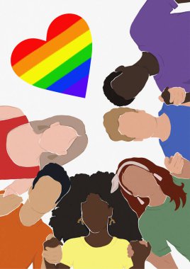 Gökkuşağı renginde giyinmiş farklı etnik gruplardan insanlar el ele tutuşuyorlar. LGBT topluluğu. İnsan hakları. LGBTQ. Düz çizim, gurur ayı. Dergi kapağı, kapak, kitap