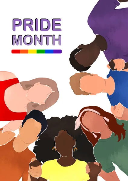 Gökkuşağı renginde giyinmiş farklı etnik gruplardan insanlar el ele tutuşuyorlar. LGBT topluluğu. İnsan hakları. LGBTQ. Düz çizim, gurur ayı. Dergi kapağı, kapak, kitap