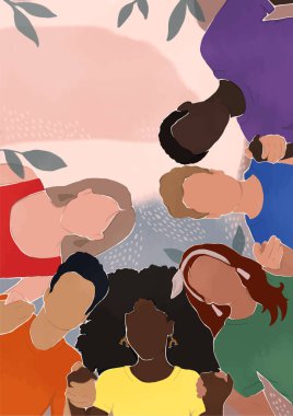 Gökkuşağı renginde giyinmiş farklı etnik gruplardan insanlar el ele tutuşuyorlar. LGBT topluluğu. İnsan hakları. LGBTQ. Düz vektör çizimi, gurur ayı. Dergi kapağı, kapak, kitap