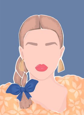 Sarı elbiseli ve fiyonklu güzel sarışın. Parlak düz vektör çizimi. Kartpostallar, posterler, tasarım için