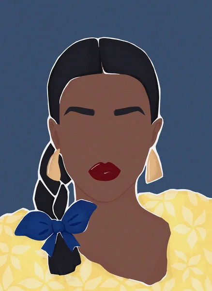 Retrato Uma Bela Mulher Negra Vestido Amarelo Com Flores Ilustração — Fotografia de Stock