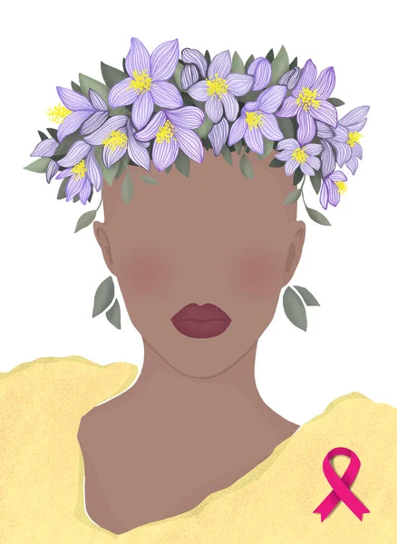 Plešatá Žena Chemoterapii Vějíři Květin Růžové Stuze Moderní Ploché Ilustrace — Stock fotografie