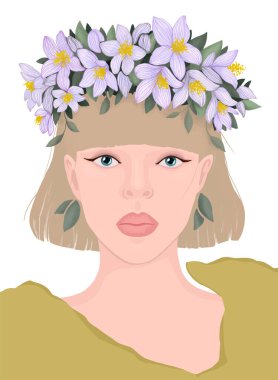 Leylak çiçekli bir çelenk içindeki sarışın kız. Vektör düz modern illüstrasyon. Poster, dergi kapağı, kitap, posta arabası için.